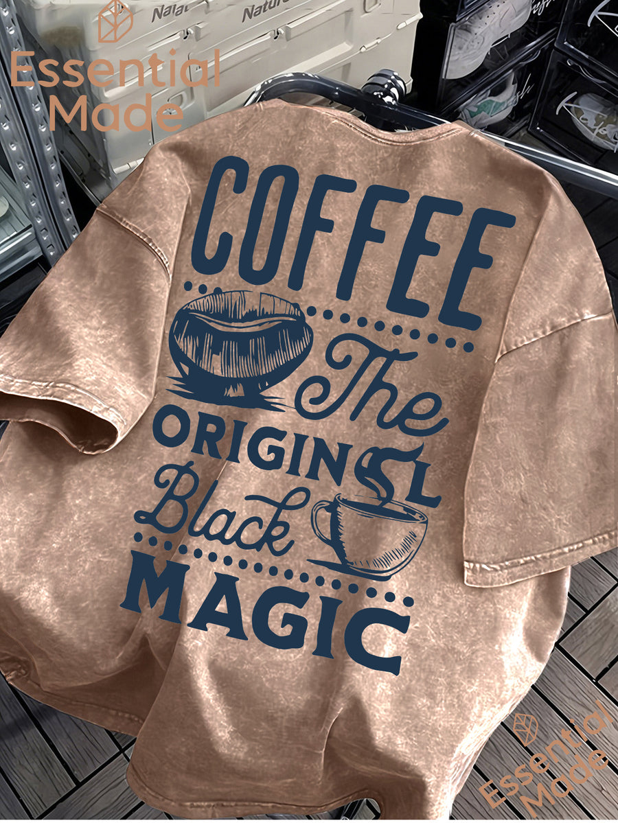 American High Street COFFEE Coffee Bean Cafe Themed Letter Print Distressed Washed Short-Sleeve T-Shirt - Loose Fit Casual American Vintage Style Men's Washed T-Shirt Casual Top - Coffee Brown