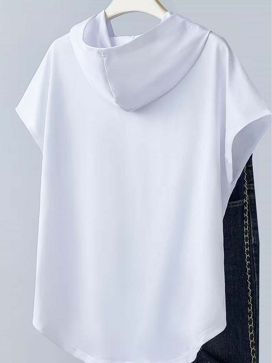 1pc Minimalist Black And White Butterfly Cold Style Advanced Print Y2K Style Women'S Sportswear Hooded Loose Design Soft And Comfortable Top Elegant Fashionable T-Shirt Hooded Short Sleeve - White