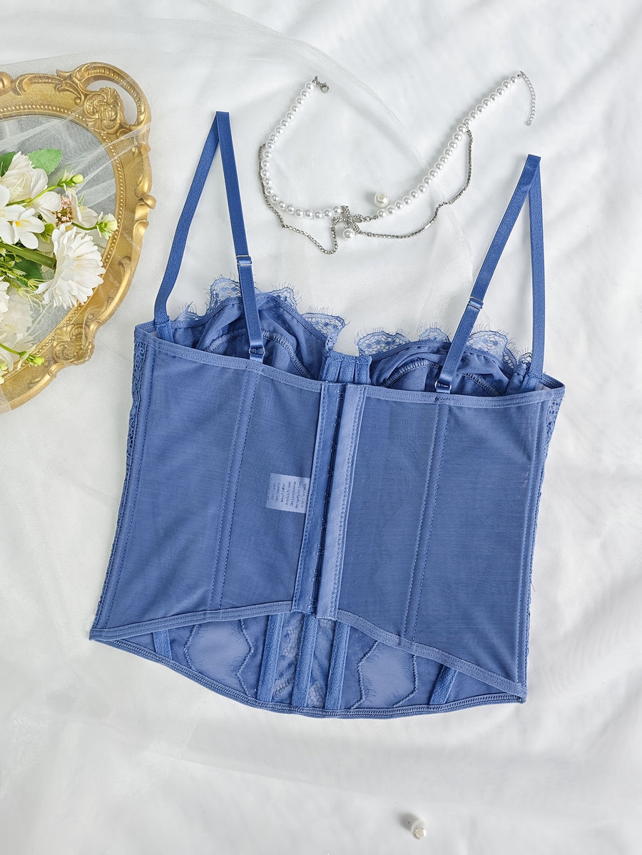 Sexy Lace Fitted Vest Top - Bodycon Cut, V-Neck, Sleeveless, Solid Color, with Exquisite Lace Detail, Suitable for Fashion Style, Lace Top - Light Blue