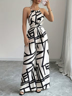 Women'S Printed Fabric Ruched Jumpsuit with Halter Neck, Elegant for Holiday And Everyday Wear - White