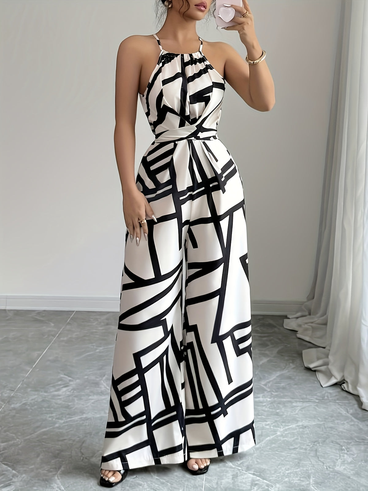 Women'S Printed Fabric Ruched Jumpsuit with Halter Neck, Elegant for Holiday And Everyday Wear - White