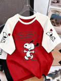 Women's T-shirt with a " Happy Black and White Puppy" Print, Contrast-color Sleeves, Breathable Summer Top, Machine-washable Versatile Clothing, Easy-care Printed Shirt, Fashionable Style with Lightweight Fabric - Light White+Red