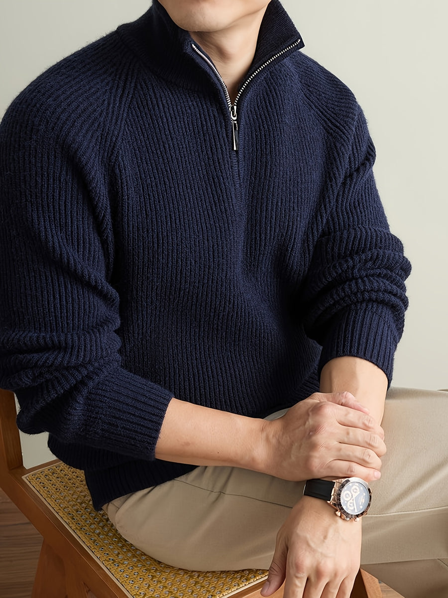 Men's Solid Gray Half-Zip Sweater with Stand Collar & Raglan Sleeves - Warm Winter Knit Pullover, Loose Fit Vertical Rib Texture Suitable for Casual and Light Business Wear, Machine Washable Fall/Winter Sweater - Navy Color