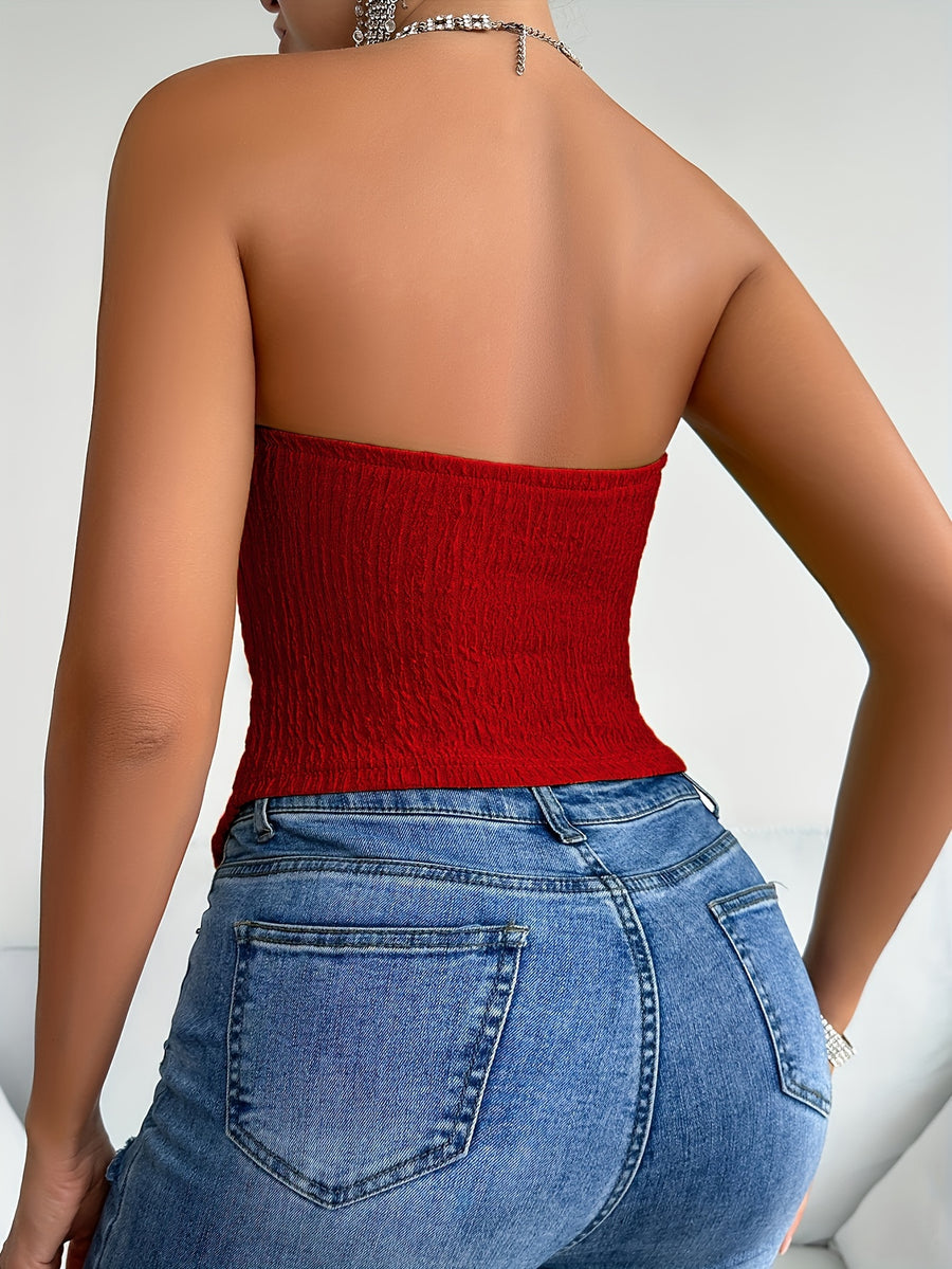 Single Breasted Ruched Tube Top, Versatile Textured Solid Tube Top, Women's Clothing - Red