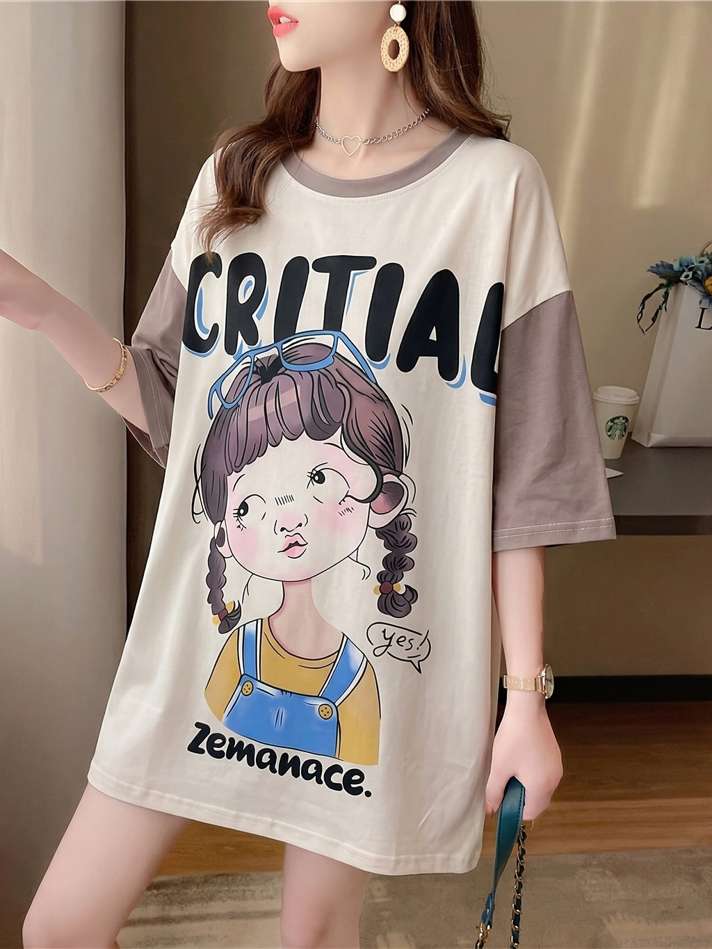 Summer New Fashion Trend Large Size Women'S Slim Loose Medium Long Cartoon Short-Sleeved T-Shirt - Khaki