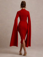 Mid-Length Fashion Evening Party Dress with Elegant Shawl Sleeves for a Graceful and Sophisticated Look - Burgundy
