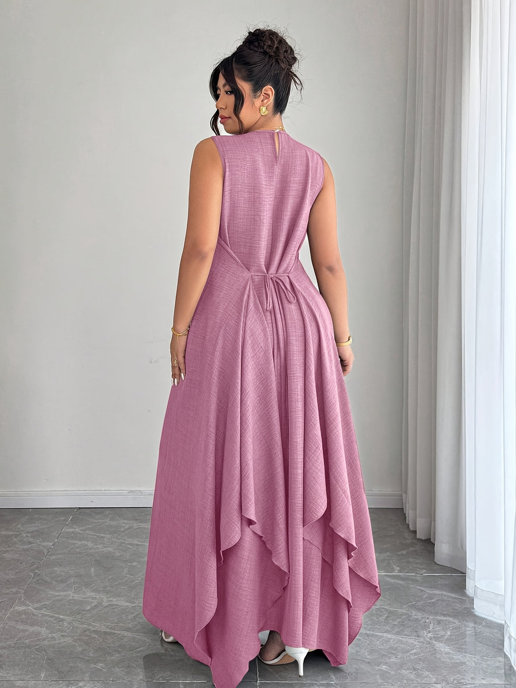 Women'S Elegant Vacation Casual Daily Outerwear Tie-Belt A-Line Asymmetrical Hem Dress - Pink