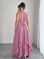 Women'S Elegant Vacation Casual Daily Outerwear Tie-Belt A-Line Asymmetrical Hem Dress - Pink
