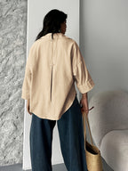Fashion Spring Summer Women'S Off-Shoulder Puff Sleeve Button-Up Elegant Loose Shirt Lapel - Apricot