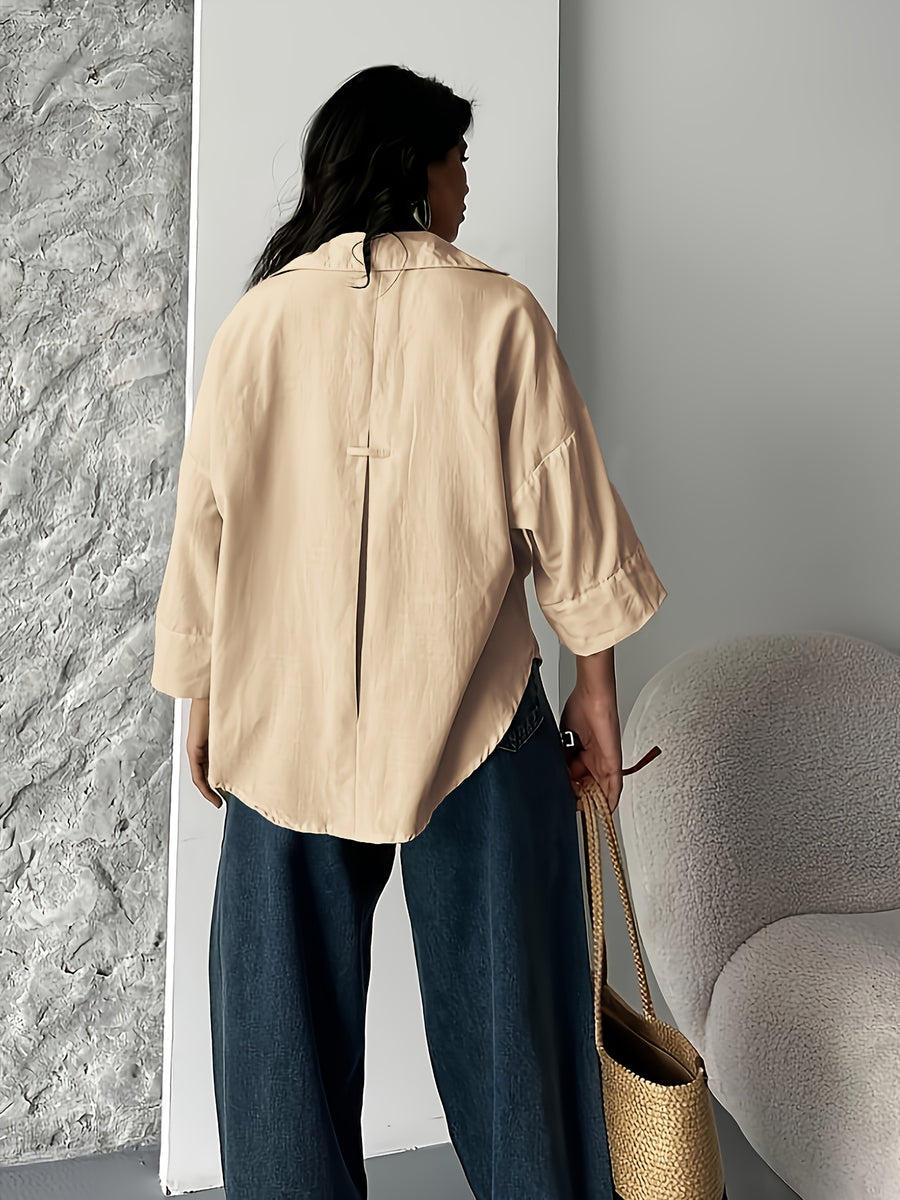 Fashion Spring Summer Women'S Off-Shoulder Puff Sleeve Button-Up Elegant Loose Shirt Lapel - Apricot