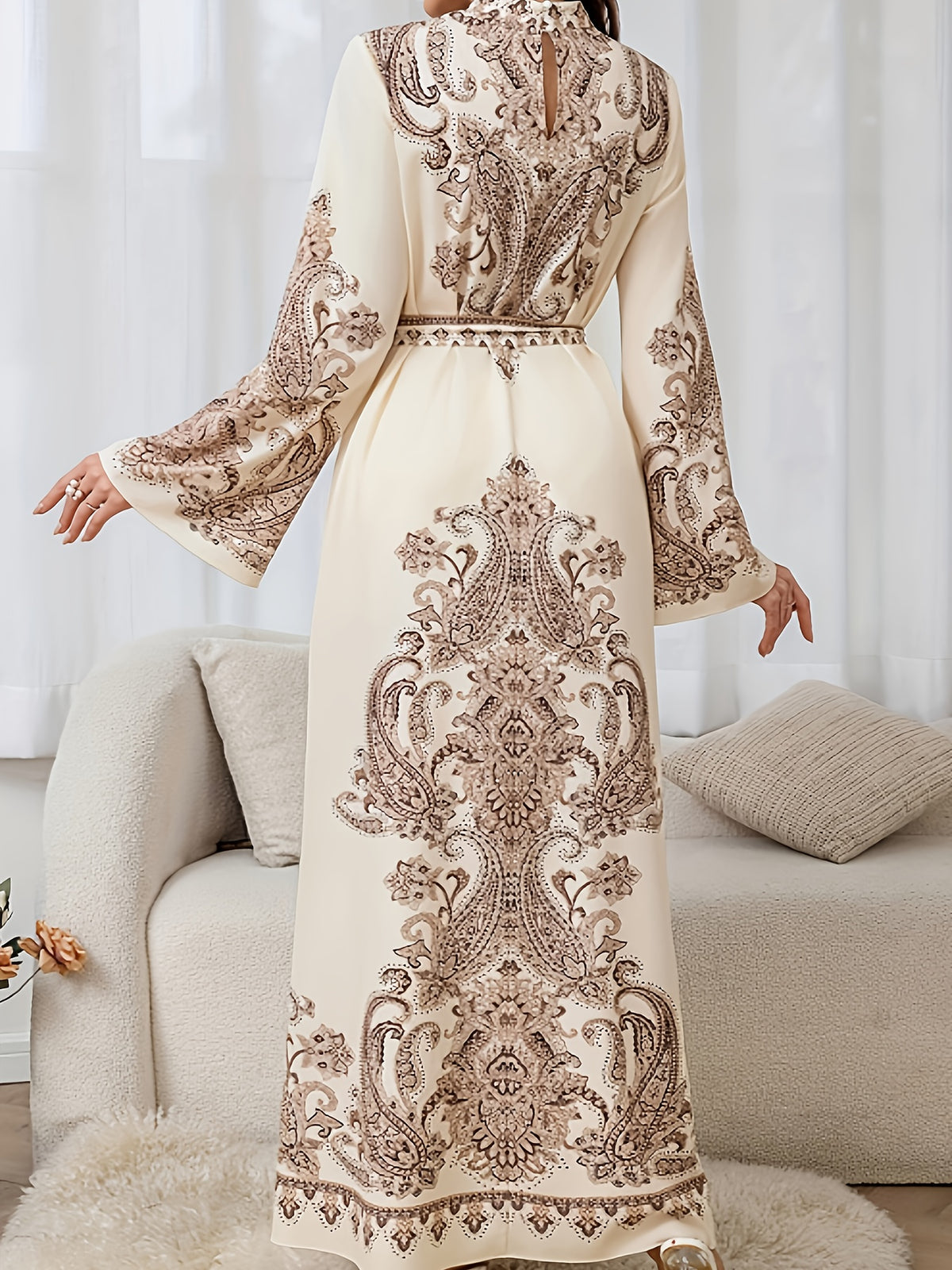 Elegant Floral Print Kaftan Dress with Belt - Long Sleeve, Crew Neck, A-Line Silhouette, Beige with Intricate Golden Patterns, Perfect for Casual or Formal Occasions, Formal Attire | Floral Print Dress | Belted Waist, Floral Print Dress - Apricot