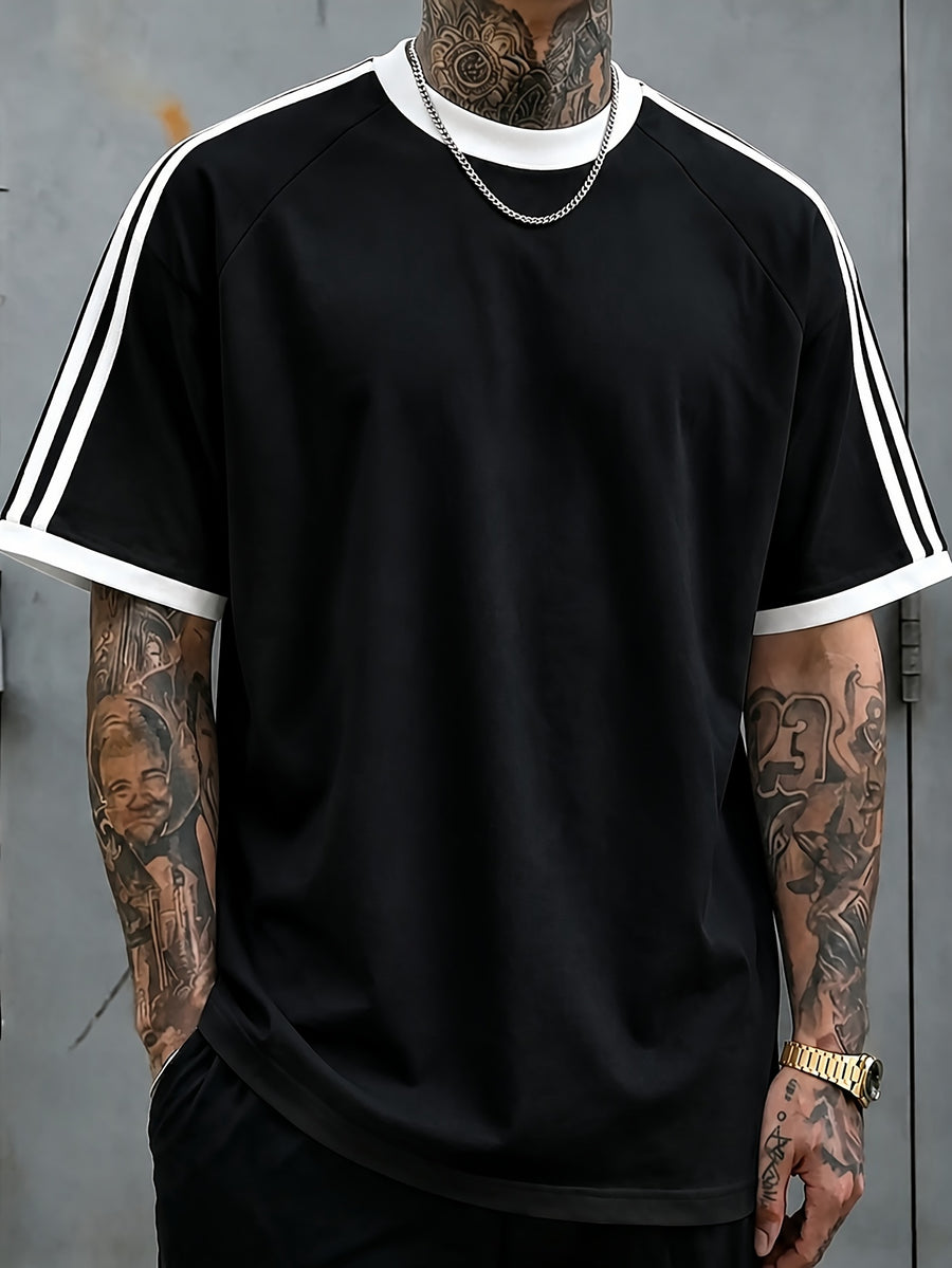 Color-Block Ribbed Striped T-Shirt, Solid White with Double Stripes Basic Style Men'S 100% Versatile Sports Casual Summer Short Sleeve Top, Suitable for Outdoor Wear, Gym, Office, And Daily Fashion, Essential for Men'S Wardrobe - Unisex - Black