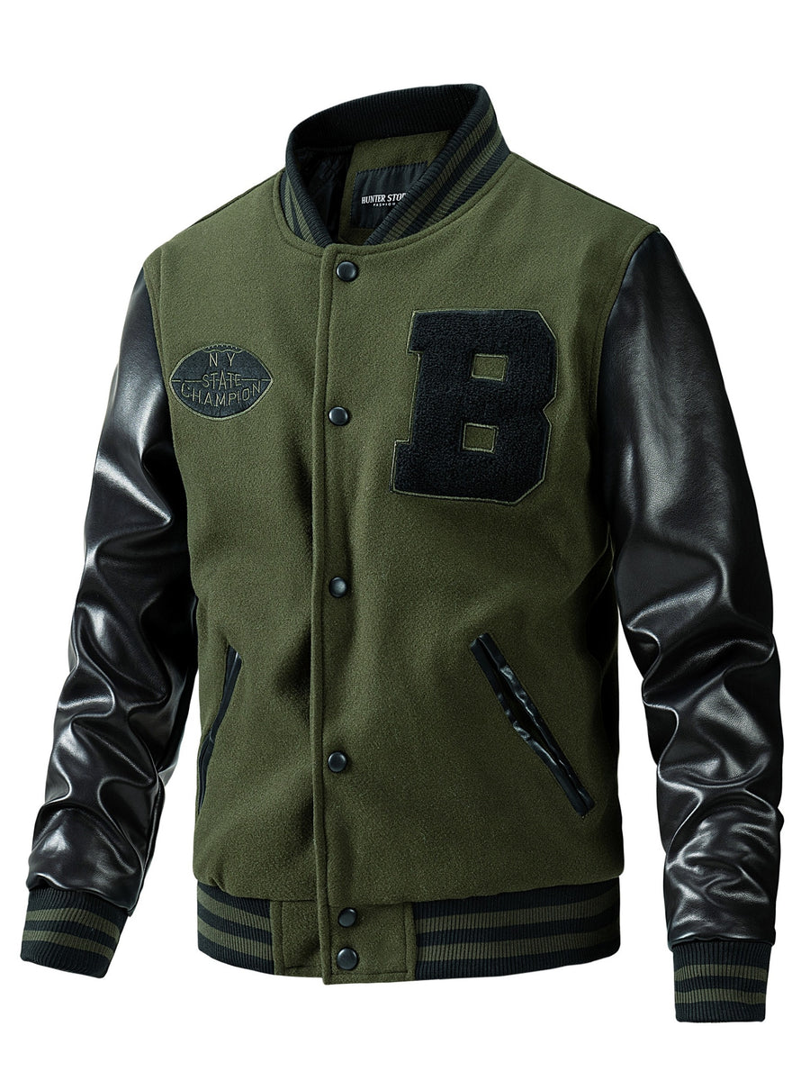 Men'S Winter Jacket, Trendy American Baseball Coat for Autumn And Winter, Casual Embroidered Plus-Size Outerwear with PU Sleeves, Windproof Men'S Jacket - fern green