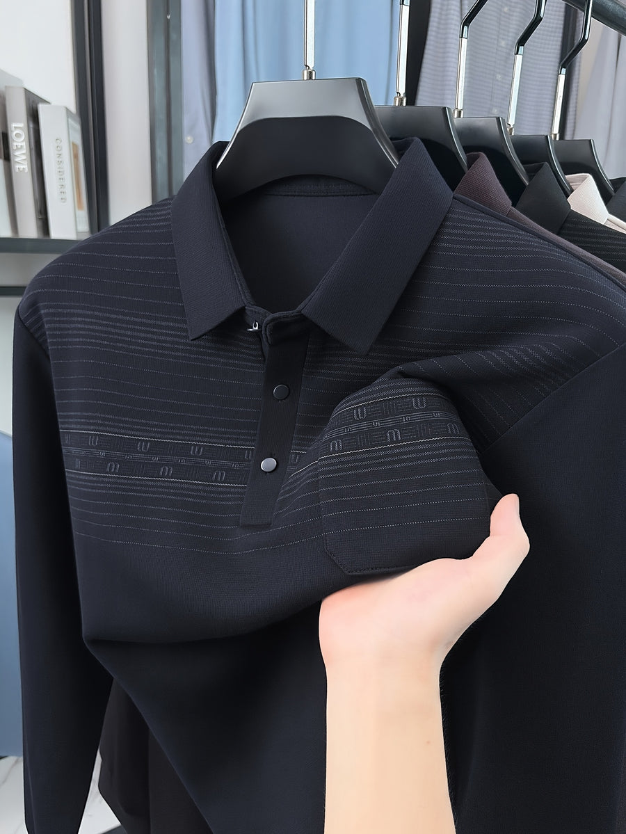 Middle-Aged Men'S Long Sleeve Polo Shirt Spring Autumn Business Casual Lapel Striped with Pocket Top - Navy Color