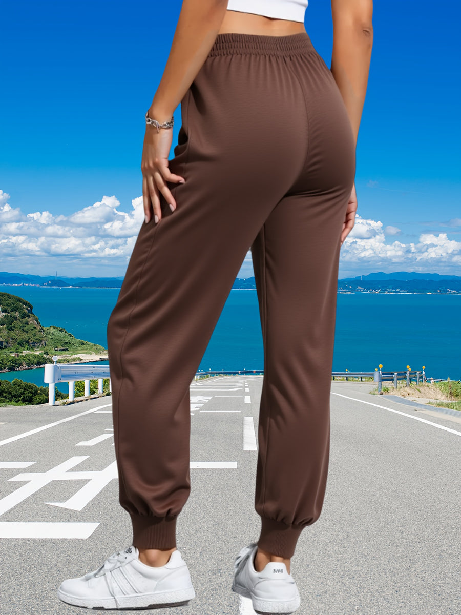 Women's 2pcs Casual Joggers with Drawstring Waist - Comfortable, Loose Fit Sweatpants with Pockets, Solid Color, Ladies Jogging Suits - created-sapphire+coffee