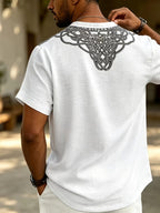 2026 New American Summer Men'S Lightweight Bamboo Rayon Rayon Braid Loose Rune Print V-Neck Casual Short Sleeve - White