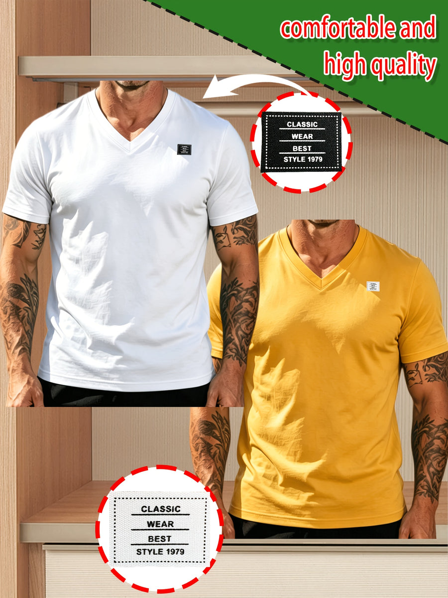 2pcs 100%, Men'S Knitted Solid V-Neck T-Shirt, Men'S T-Shirt New Chapter Design, Summer Global All-Season Base Layer Factory Made Men Comfortable High Quality High Fit Rate Casual Sports Top - White+Yellow