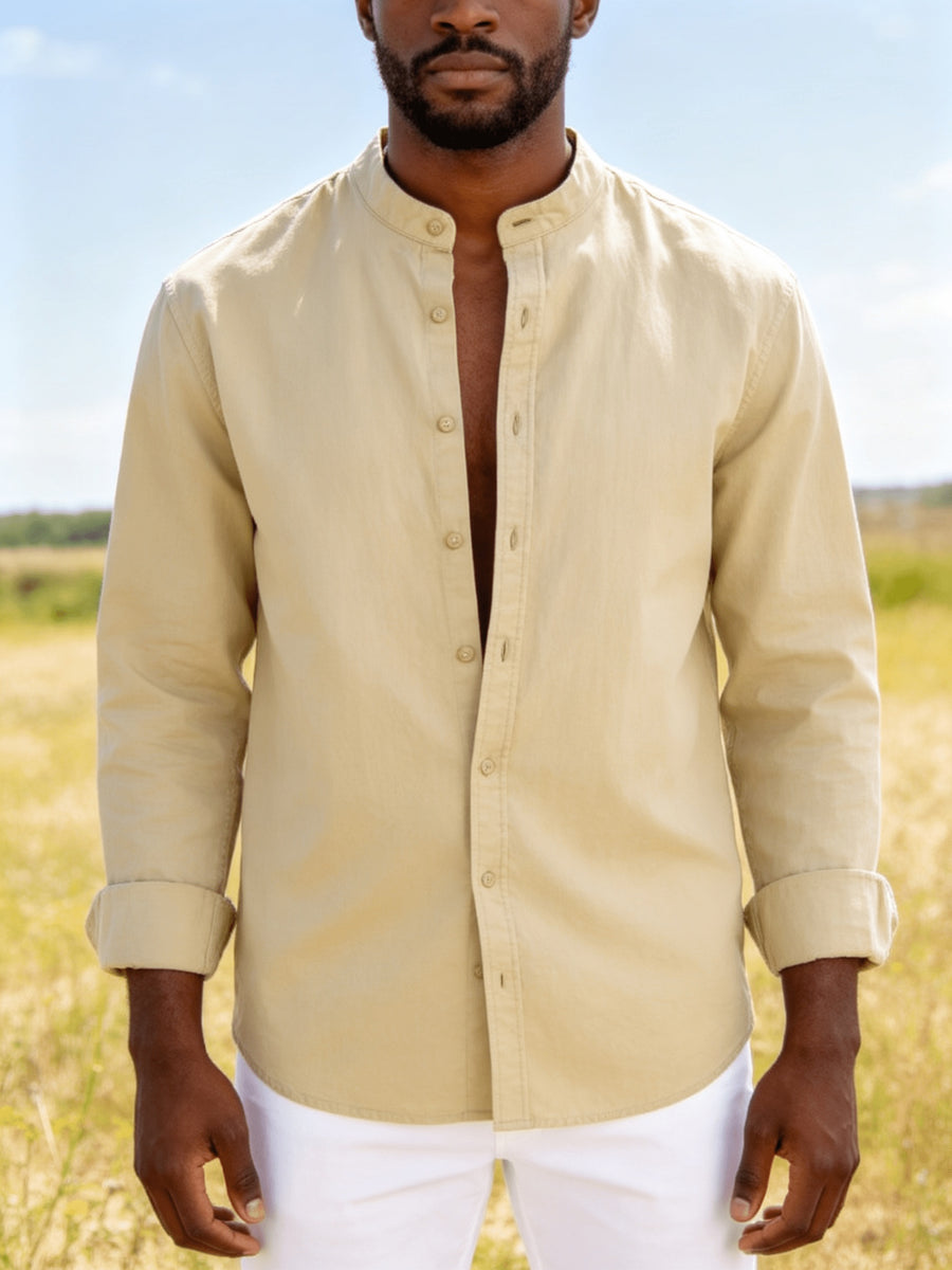 26-Year-Old Men'S New Small Stand-Up Collar Long-Sleeve Shirt, Classic Solid Colors And Multi-Colors Available. Soft, Breathable, Loose Fit for Men, Versatile Shirt for Daily Leisure - Khaki