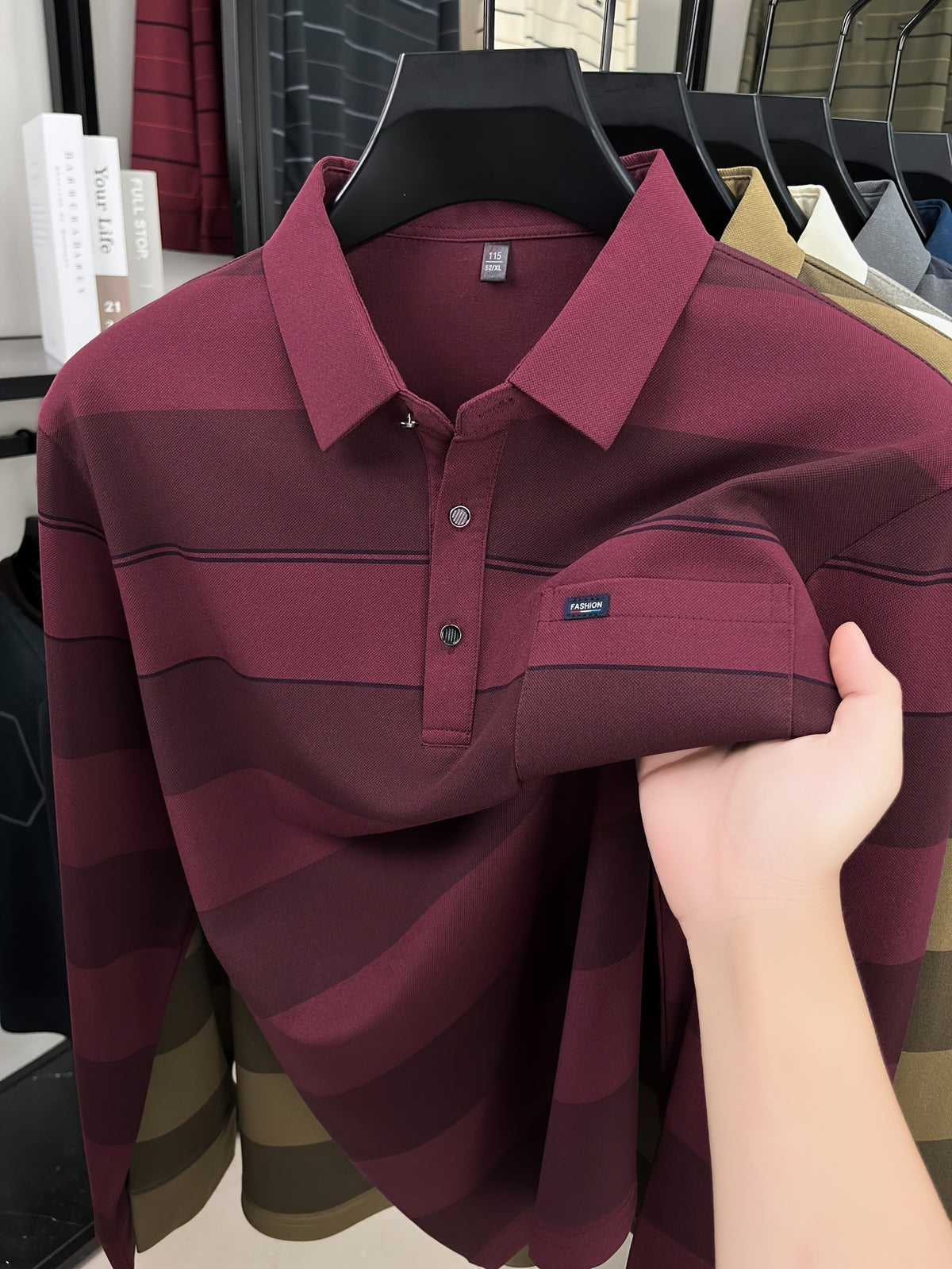 Autumn Men'S Long Sleeve T-Shirt 2026 New Style Wide Stripe Lapel with Real Pockets Casual Long Sleeve POLO Shirt - Red