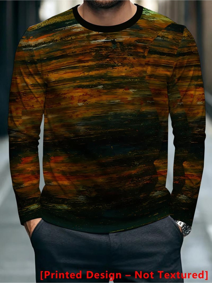 Printed Design – Not Textured New Men's Long-Sleeve T-Shirt with Vintage Brown-Green Gradient Stripe Print, Ambient Color Scheme Suitable for Daily Streetwear and Casual Outfits - Mixed colors