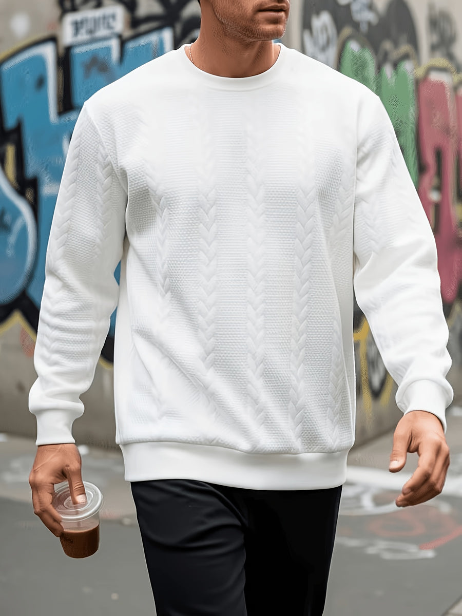 Men's Fashion Crewneck Sweatshirt, Men's Crewneck Sweatshirt, Jacquard Design Casual Streetwear Sweatshirt, Simple Basic Style Long Sleeve T-Shirt, Sport Sweatshirt, Men's Casual Apparel - White