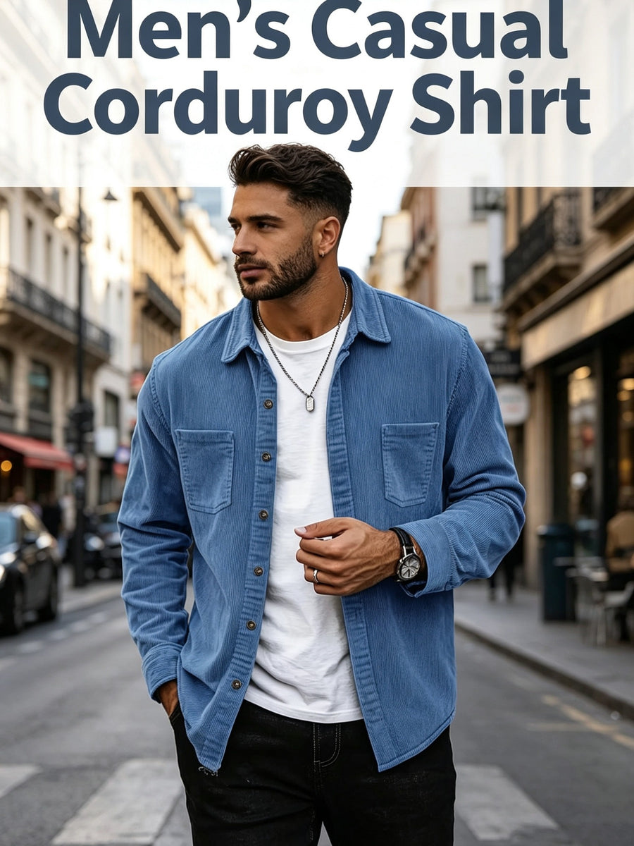 [Spring And Autumn Men'S Retro Corduroy Jacket ] Men'S Blue Corduroy Shirt, Retro Casual Long Sleeve Single, Loose Collar Button Top, Pocket Versatile Autumn Jacket, Halloween And Christmas Gift for Boyfriend And Father - Blue
