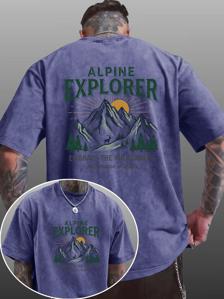 Short Sleeve T-Shirt Men'S Pure Loose Washed Distressed Top Mountain Adventure Forest Sunset Pattern Trendy Reversible Double-Sided Print Multicolor Casual American Street High Street Hip-Hop Style Daily Outing Commute Fitness Couple Style Y2K Natio - Royal Blue