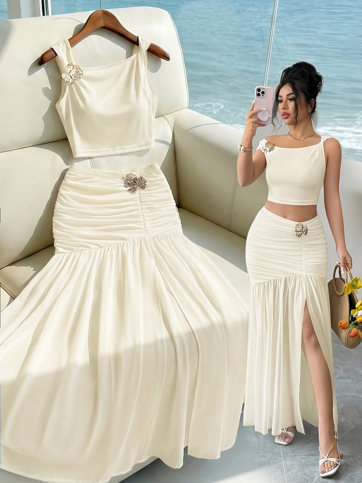Elegant 2pcs Set for Women, Featuring a Strappy Crop Top and a Slit Maxi Skirt with Metallic Embellishments. The Slim-fit Design Is Perfect for High-end Occasions Such as Dates, Evening Parties, Gatherings, and Vacations - Apricot