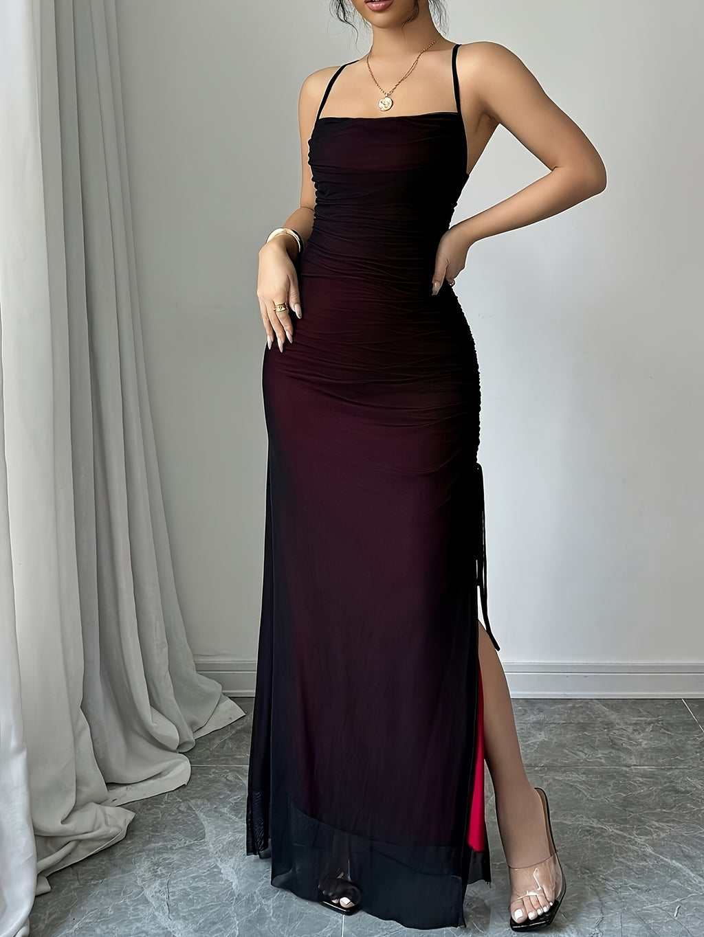 New Spring/Summer Mesh Spaghetti Strap Long Dress for Women, Cross-Back Backless Pleated Slit Slim Fit Hip-Hugging Sexy Banquet Gown - Red