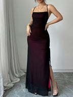 New Spring/Summer Mesh Spaghetti Strap Long Dress for Women, Cross-Back Backless Pleated Slit Slim Fit Hip-Hugging Sexy Banquet Gown - Red