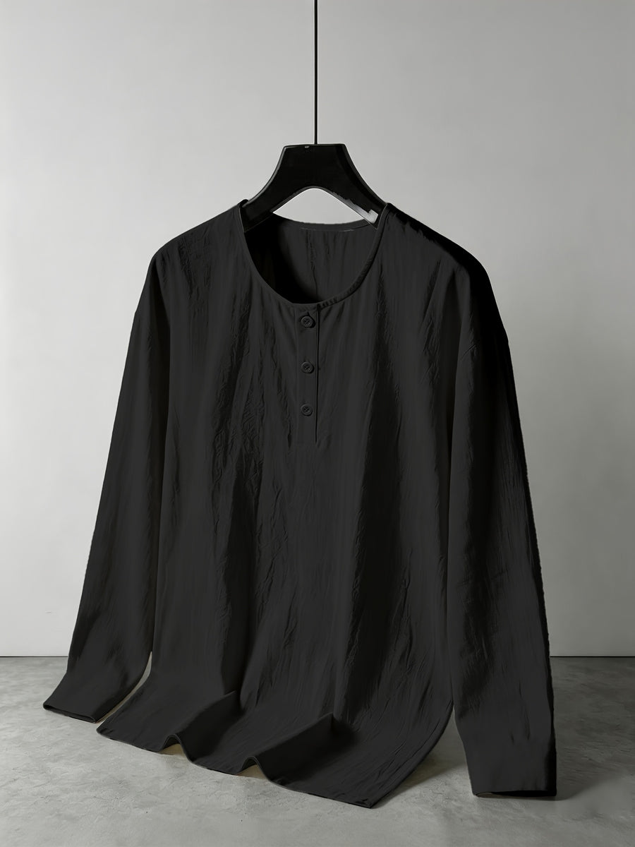 Men's Summer Linen Long Sleeve Shirt, Breathable Round Neck, Loose Fit. Suitable for Daily Casual, Beach Vacation or Yoga Sports, Also a Great Valentine's Day Gift for Him. - Black