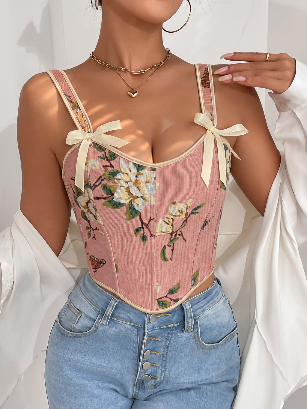 French-Style Court Bow Tie Lace-Up Floral Print Vintage Oil Painting Bodice Ball Gown Women's Camisole Printed Slim Fit Vest Corset Top for Outerwear - Pink Color