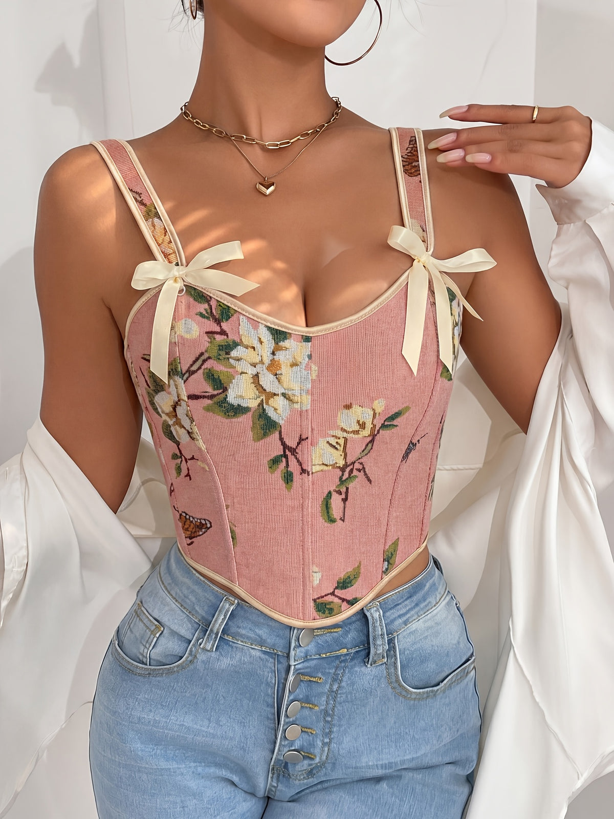 French-Style Court Bow Tie Lace-Up Floral Print Vintage Oil Painting Bodice Ball Gown Women's Camisole Printed Slim Fit Vest Corset Top for Outerwear - Pink Color