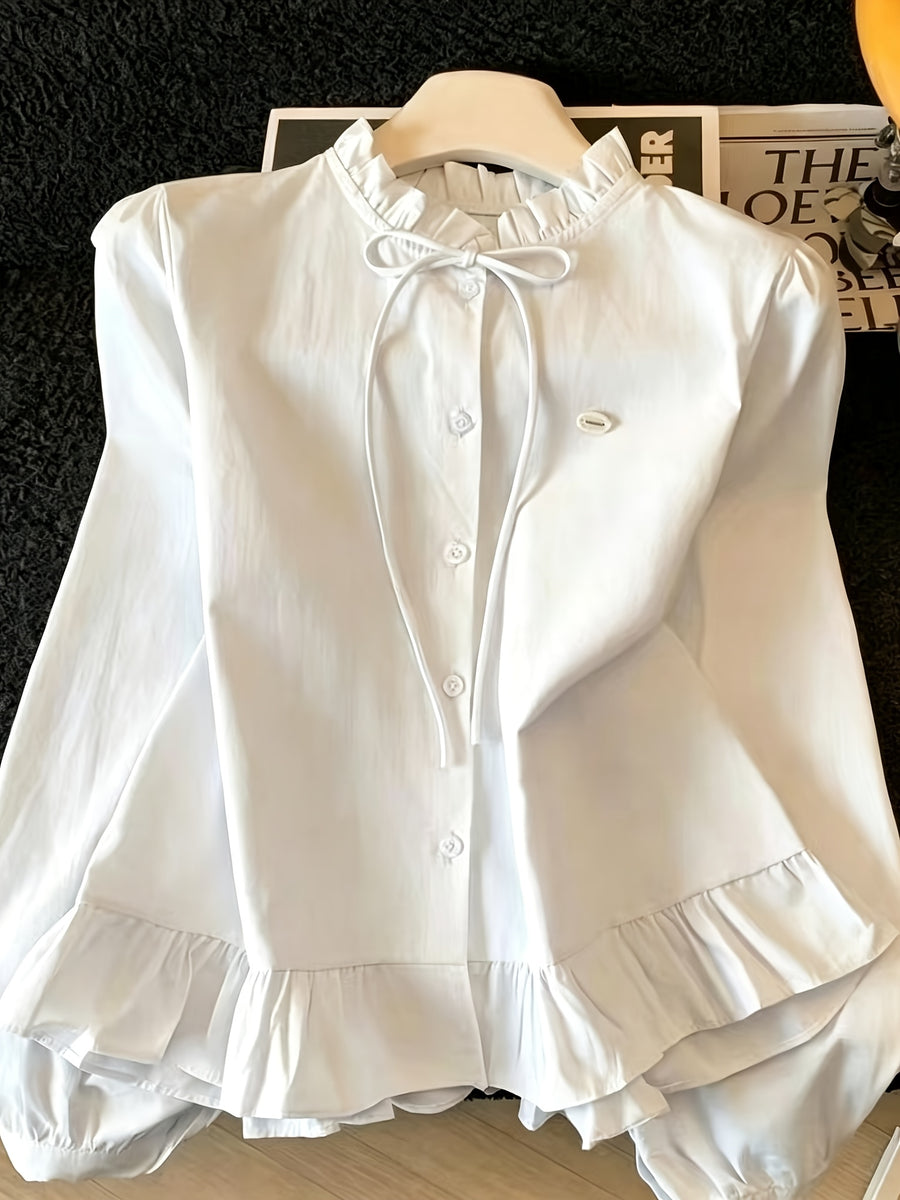 Light Blue Ruffle Tie-Waist Shirt for Women, Spring/Summer Ruffle Textured Blouse, Fresh and Gentle Style Top - White