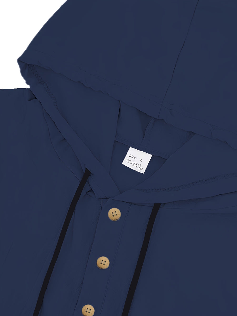 Spring/Autumn Men's Solid Color Half-Zip Hooded Long-Sleeve Single-pc Top, Simple and Comfortable Letter Print Shirt, Streetwear for Outings, Visiting, and Casual Wear - Navy Color