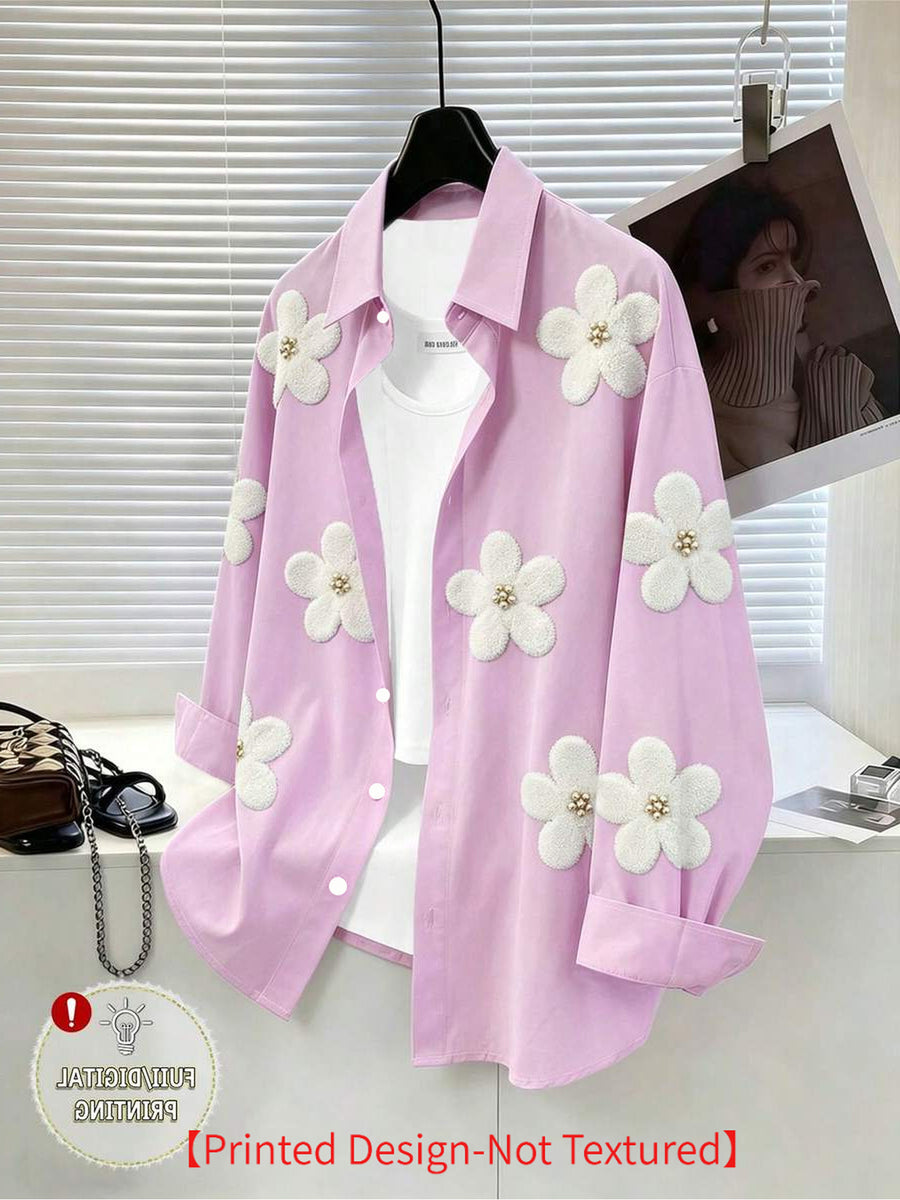 Women's Pretty Shirt, Floral Print Blouse with Faux Pearl Embellishments, Women's Long Sleeve Shirt, Printed Design - Not Textured ZD260727076 - Mixed Color 3