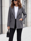 Fashionable Commuter Plaid Print Suit, Double-Breasted Waist-Cinching Blazer with Pockets and Lining - Light blue gray black
