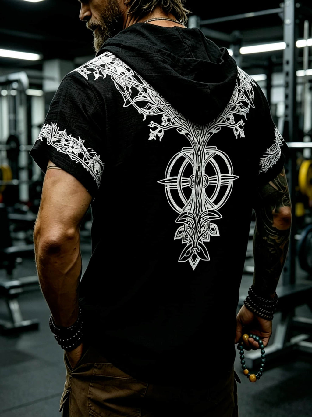 Men's Tree of Life Hooded T-Shirt - European & American Streetwear Style Short-Sleeve Top with Hood, Tree of Life Print, Machine Washable Regular Fit Casual Shirt Suitable for Casual Attire, Brand Label - Black