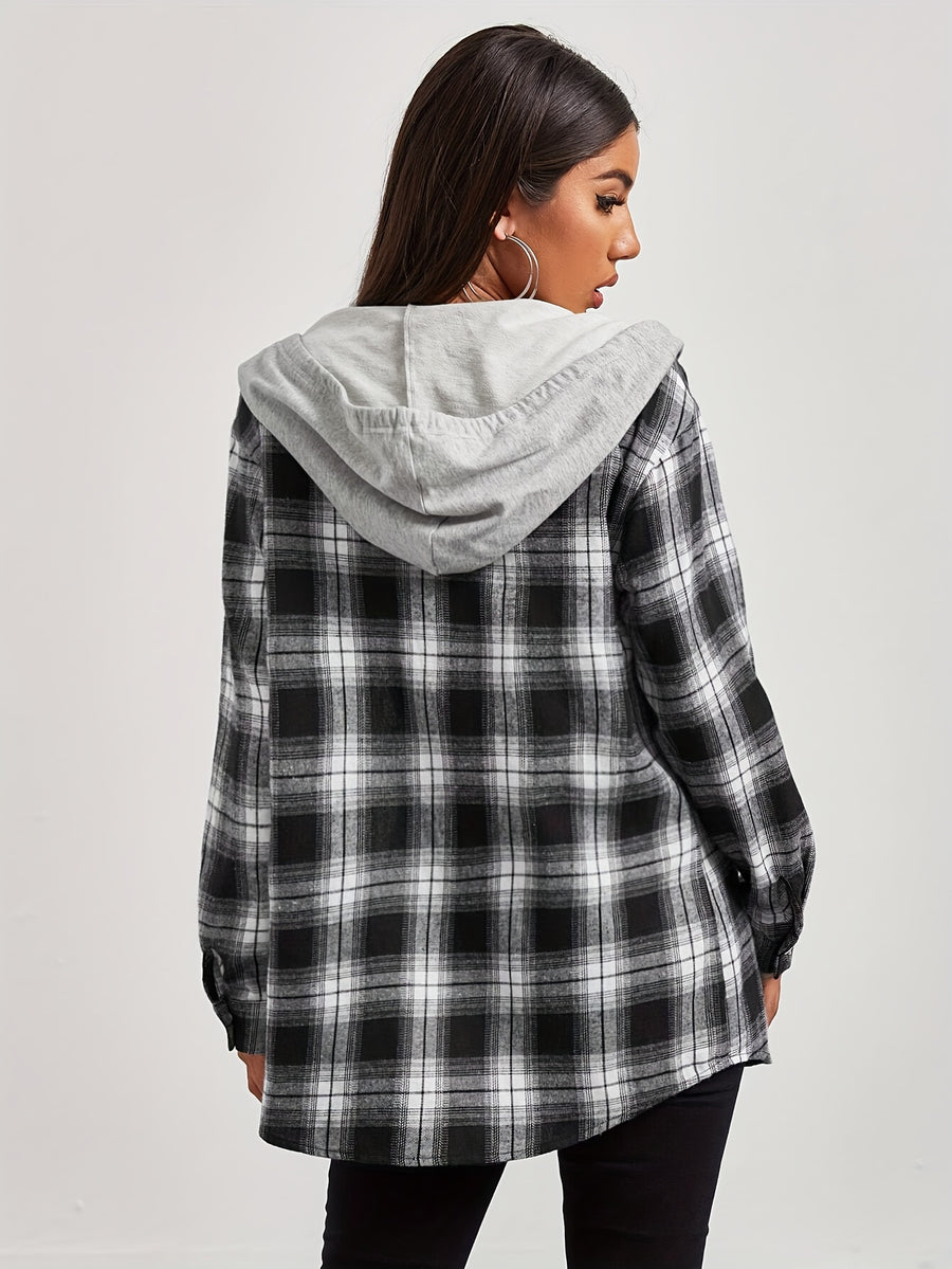 European And American Women'S Autumn And Winter Fashion Plaid Long Sleeve Hooded Shirt - Black