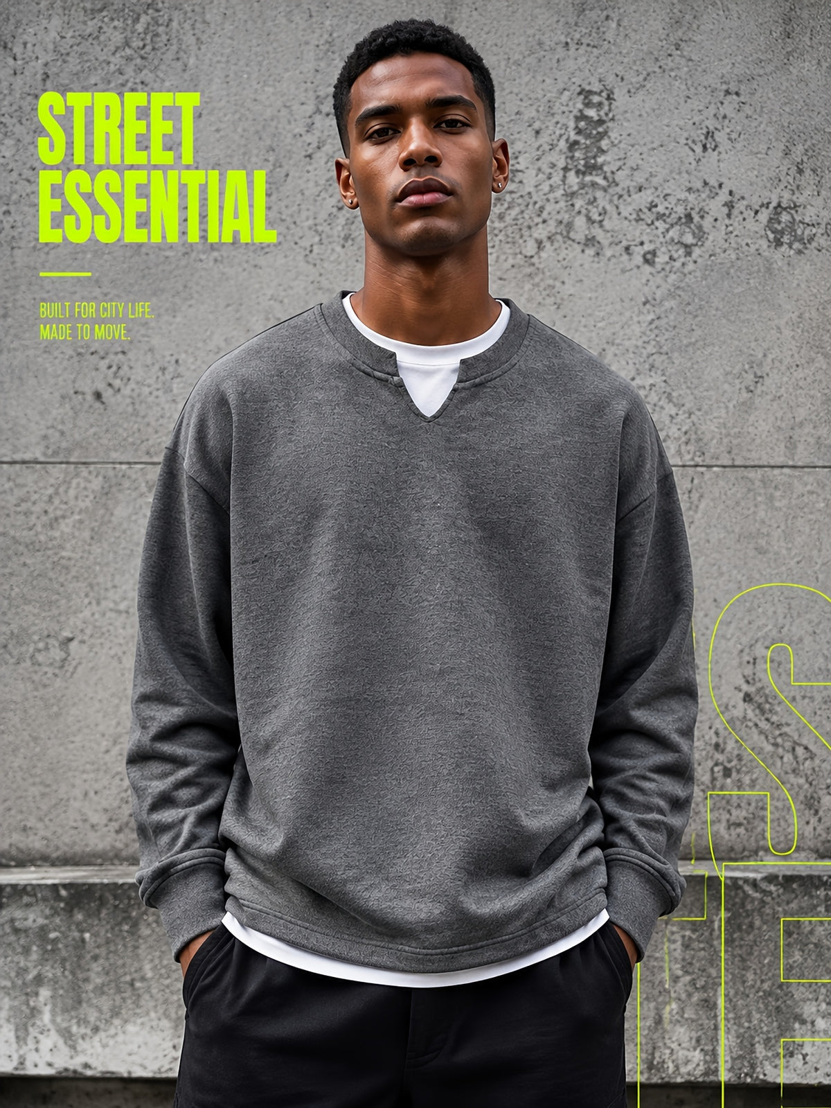 1pc Men'S Oversized Henley Notch-Neck Pullover Top, Drop Shoulder Loose Silhouette, Soft Knit Fabric, Ribbed Cuffs, Straight Hem, Minimalist Street-Inspired Long Sleeve Shirt for Daily Casual Commute Wear - heather grey