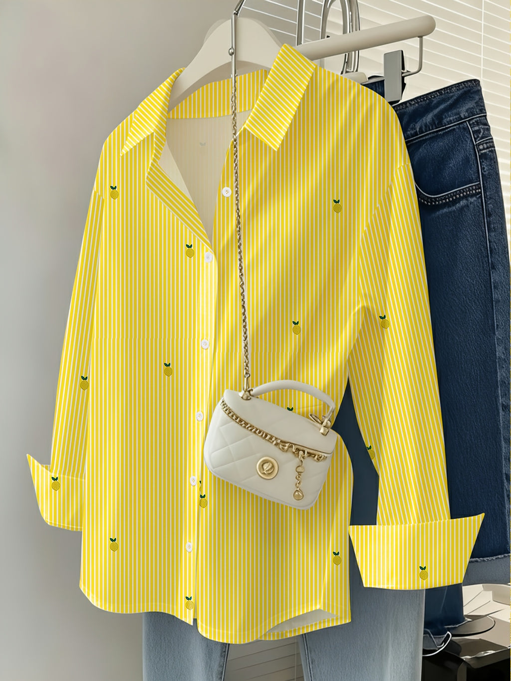 Women'S Spring Summer Striped Faux Fruit Print Shirt, Fashionable Elegant Casual Loose Long Sleeve Lapel Cardigan, Suitable for Daily Wear, Commuting, Vacation, Lightweight Comfortable Fabric - Yellow Striped Lemon