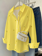 Women'S Spring Summer Striped Faux Fruit Print Shirt, Fashionable Elegant Casual Loose Long Sleeve Lapel Cardigan, Suitable for Daily Wear, Commuting, Vacation, Lightweight Comfortable Fabric - Yellow Striped Lemon