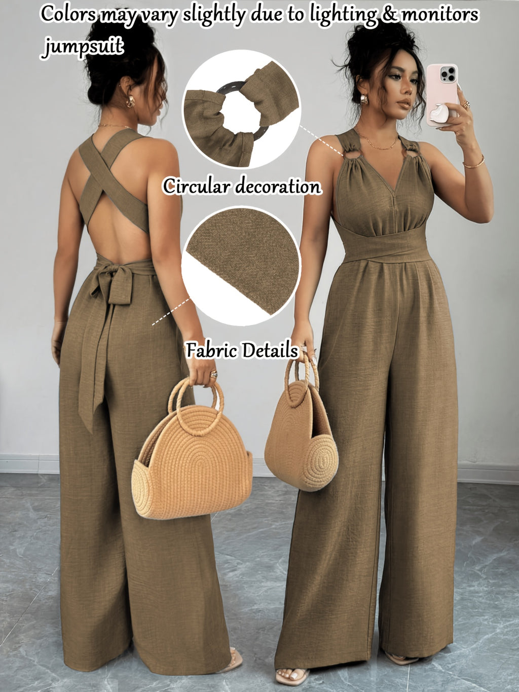 Women'S V-Neck Tie-Waist Wide-Leg Jumpsuit Women'S Jumpsuit Women'S Casual Summer Vacation Dress - Dark Brown