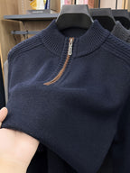 Men'S Thickened Semi-Open Zipper Stand Collar Knit Sweater, Ribbed Cuffs And Hem, Autumn/Winter Style, Single Wear And Layering, Light Mature Business Casual Style - Shangqing