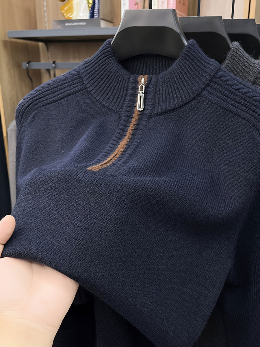 Men'S Thickened Semi-Open Zipper Stand Collar Knit Sweater, Ribbed Cuffs And Hem, Autumn/Winter Style, Single Wear And Layering, Light Mature Business Casual Style - Shangqing