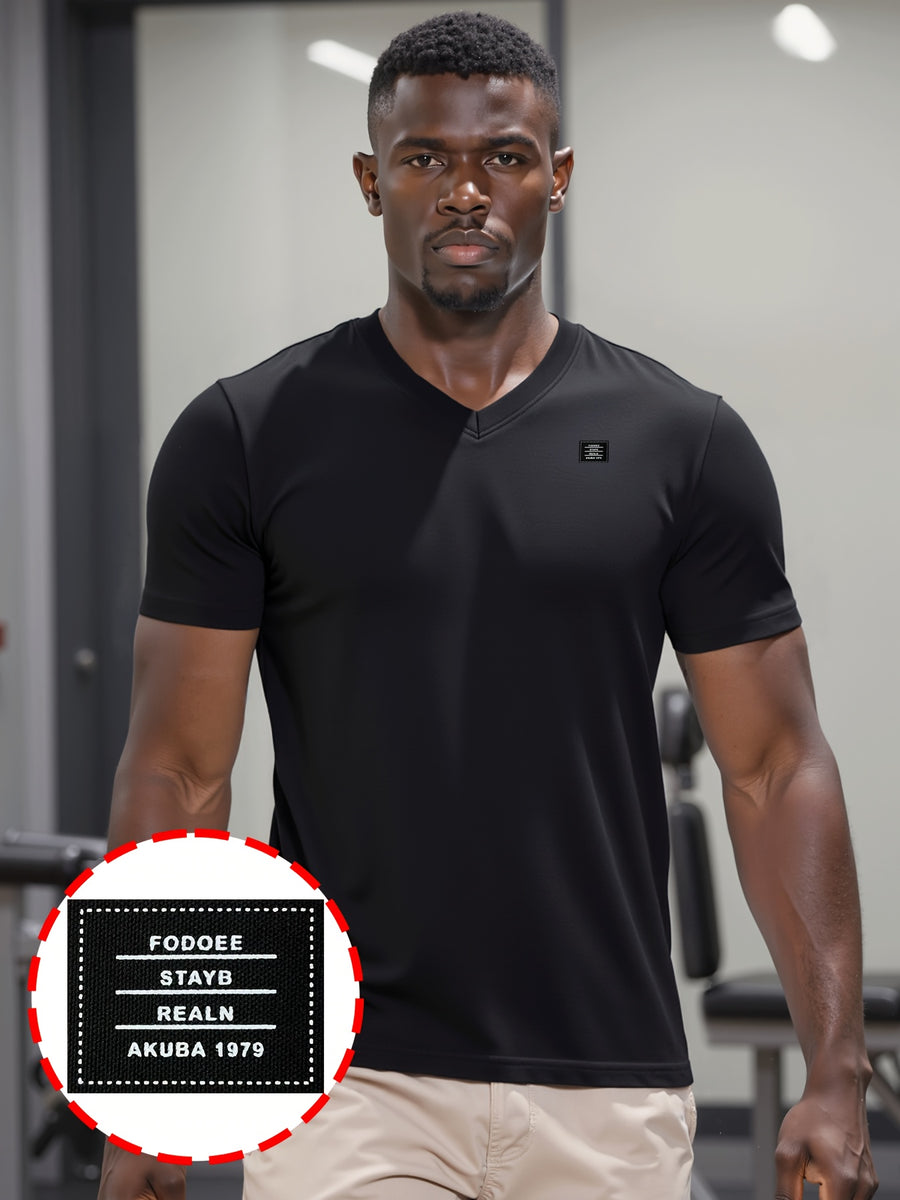 Men's Casual 100% Cotton V-Neck T-Shirt, Summer Sports Short-Sleeve Top, Plain Weave Knit with Distinctive Design, Durable and Pilling-Resistant, Pure Cotton Soft, Breathable, and Refreshing Without Feeling Stuffy, Comfortable, High-Quality - Black