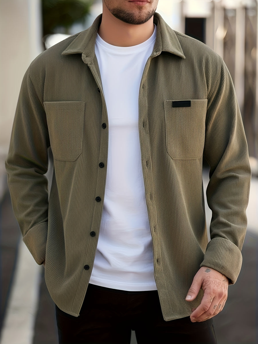 Spring And Autumn Men'S Corduroy Shirt (Jacket) Long Sleeve Lapel Double Pocket Regular Casual Retro Cool Top (Multi-Color) - Olive
