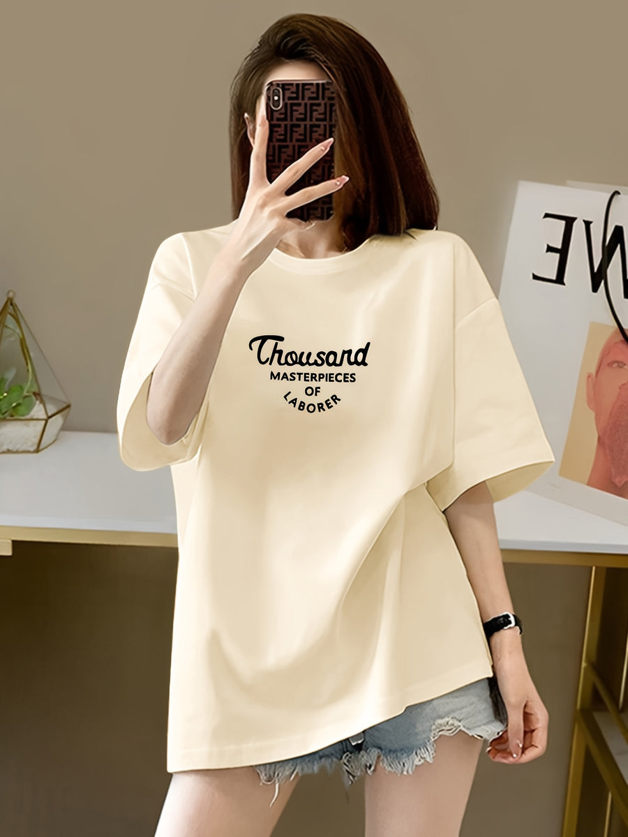 Women's Oversized T-Shirt - Loose Fit Short Sleeve Top with Letter '' Print, Round Neck Casual Summer Blouse for Spring Summer Fall, Breathable Casual Attire (Hand Washable) - Apricot
