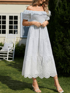 Elegant White Long Dress with Hollow-Out Embroidery, Off-Shoulder Vacation Dress, Drawstring Waist for a Fit, Suitable for Dates, Bridesmaids, and Formal Occasions - Milky