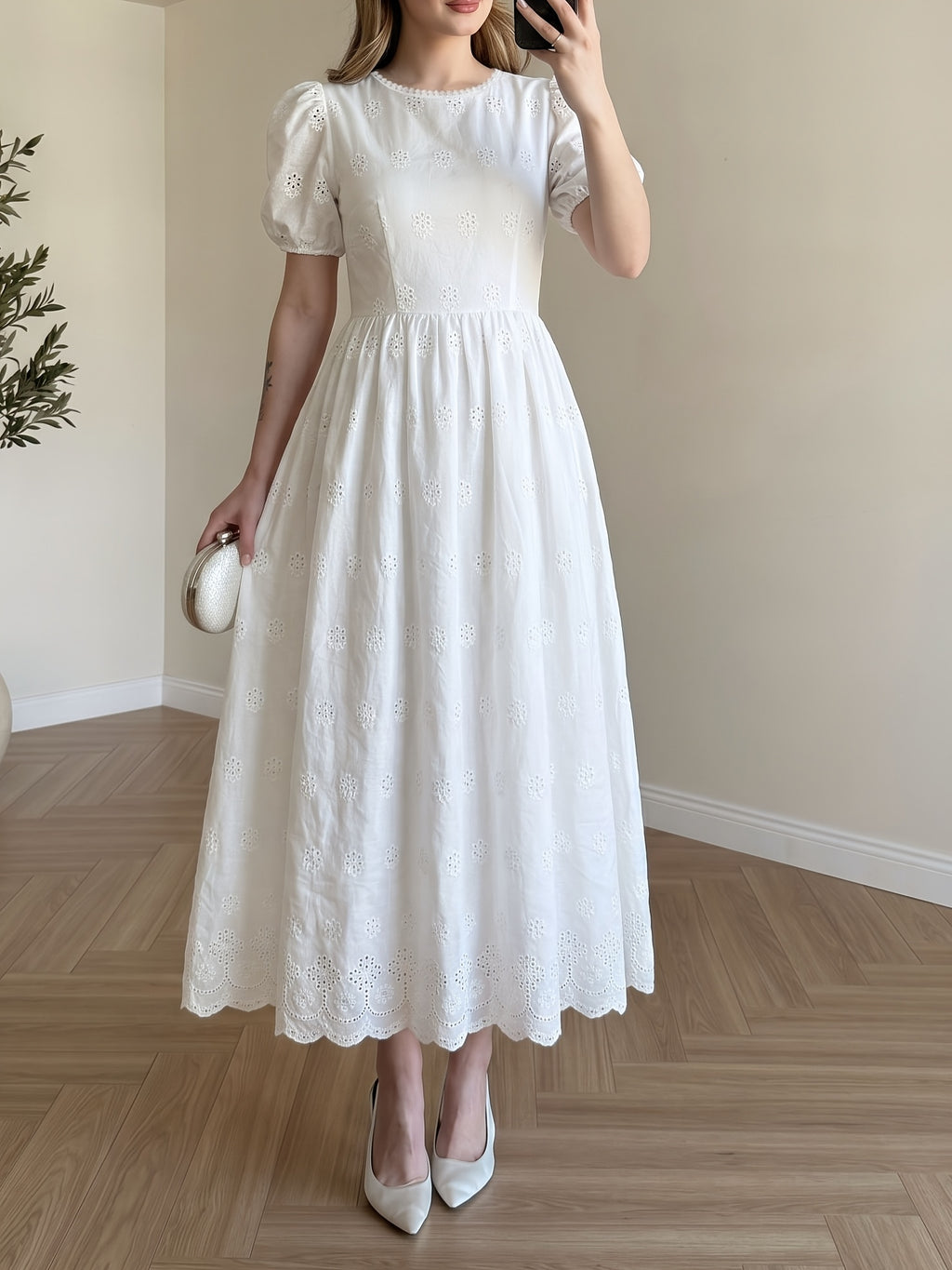 Eyelet Embroidered Round Neck Puff Sleeve Smocked Waist Open Back Bow Tie A-Line Midi Dress - White
